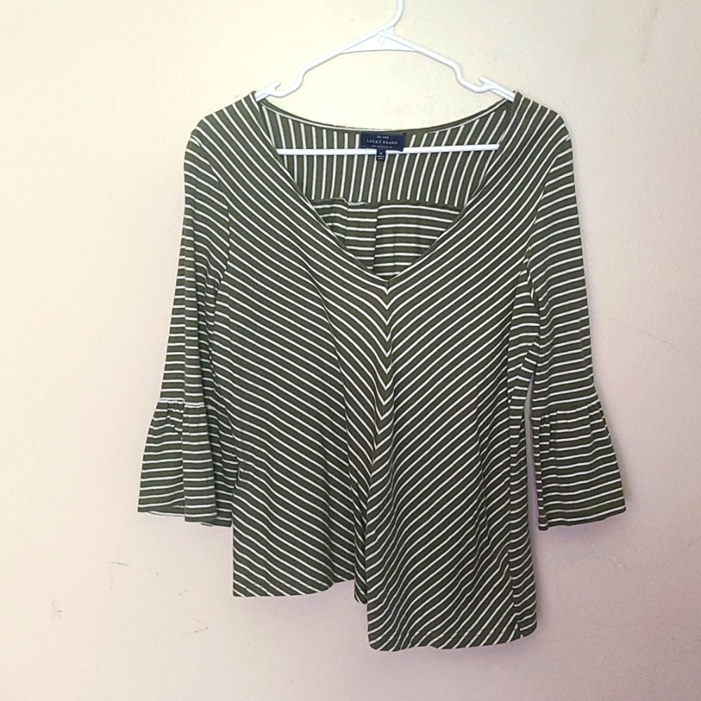 Lucky Brand Olive Green & White Striped Bell Sleeve Shirt